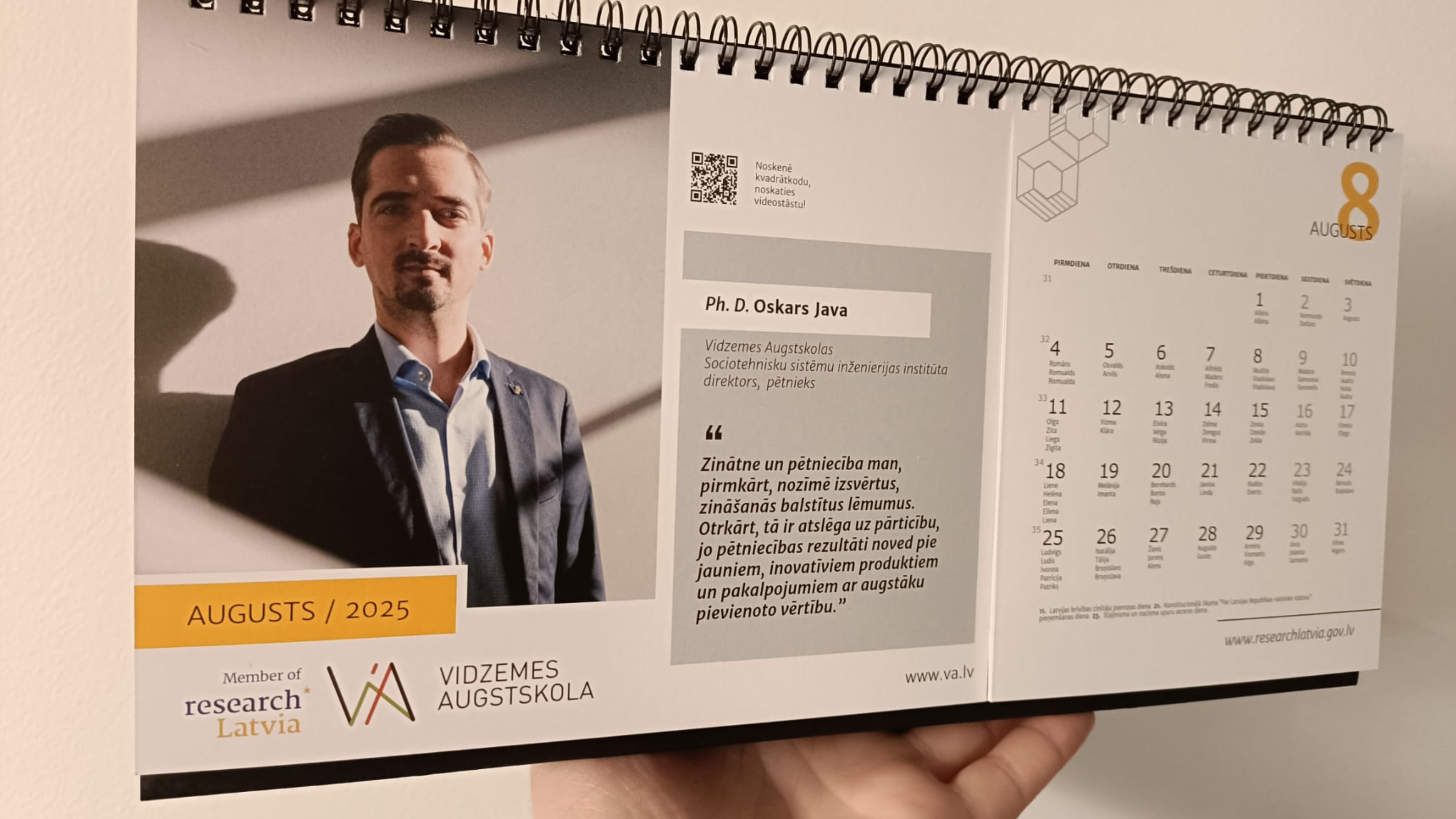 Vidzeme University of Applied Sciences is represented by researcher Oskars Java in the 2025 calendar 
